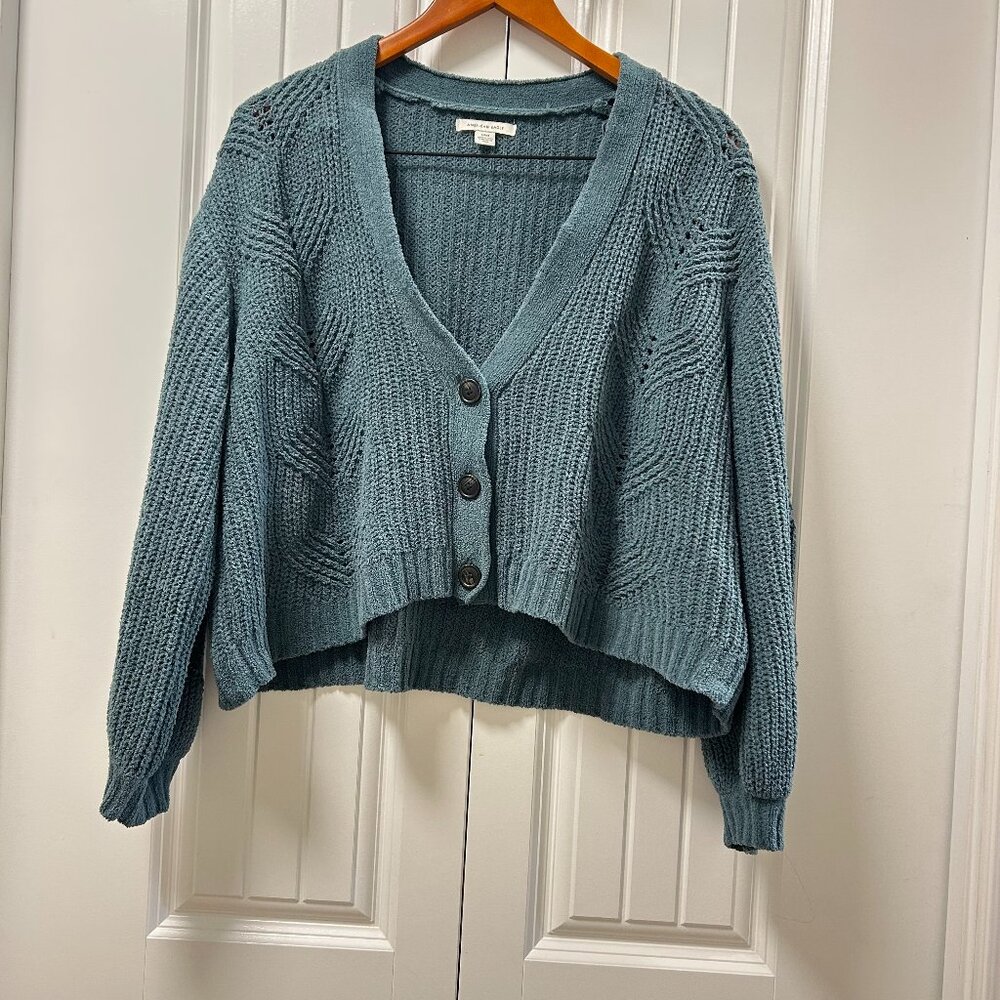 American Eagle Cropped Button Sweater Turquoise